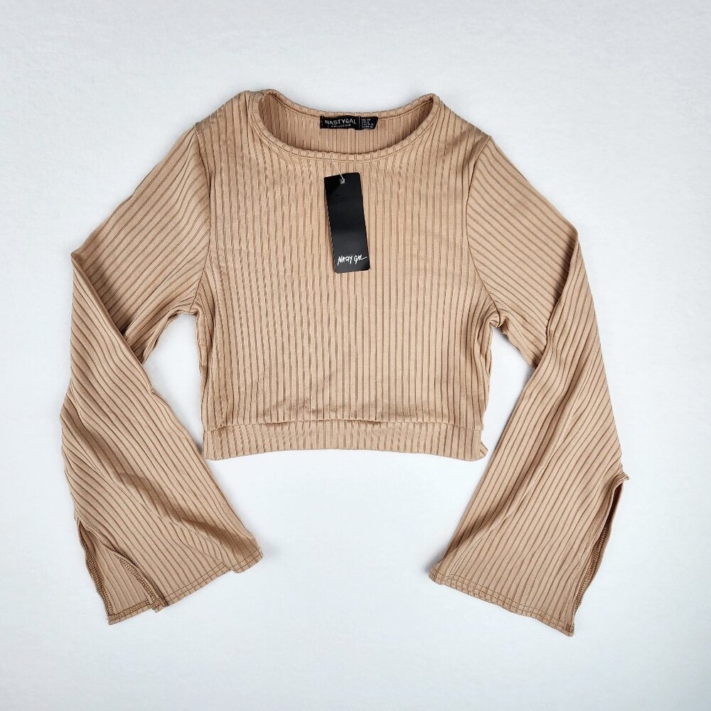 Nasty Gal Ribbed Crop Top with Split Bell Sleeves Size 6 Stone Tan